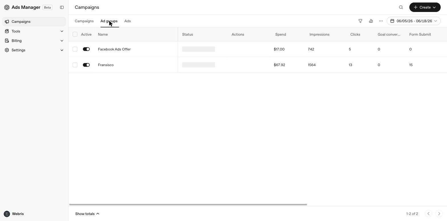 ChatGPT Ads Manager — Ad Groups tab showing multiple ad groups with performance data