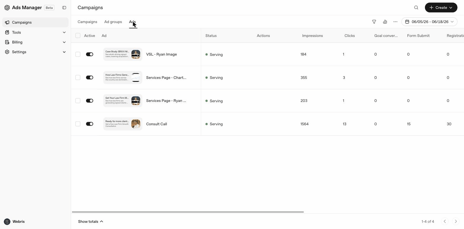 ChatGPT Ads Manager — Ads tab showing ad creatives with titles, descriptions, and preview thumbnails