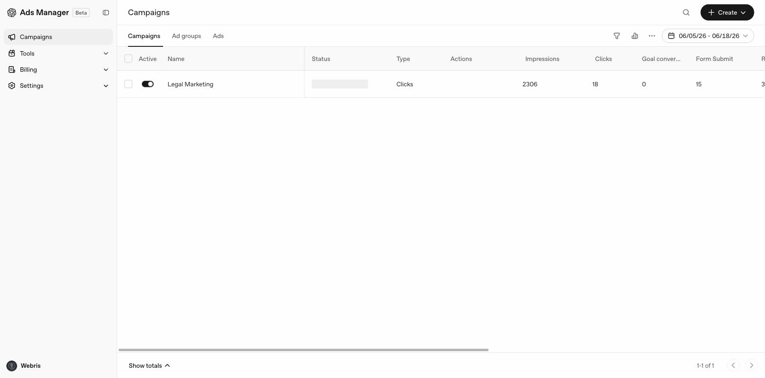 ChatGPT Ads Manager — Campaign list view showing campaign hierarchy with ad groups nested inside