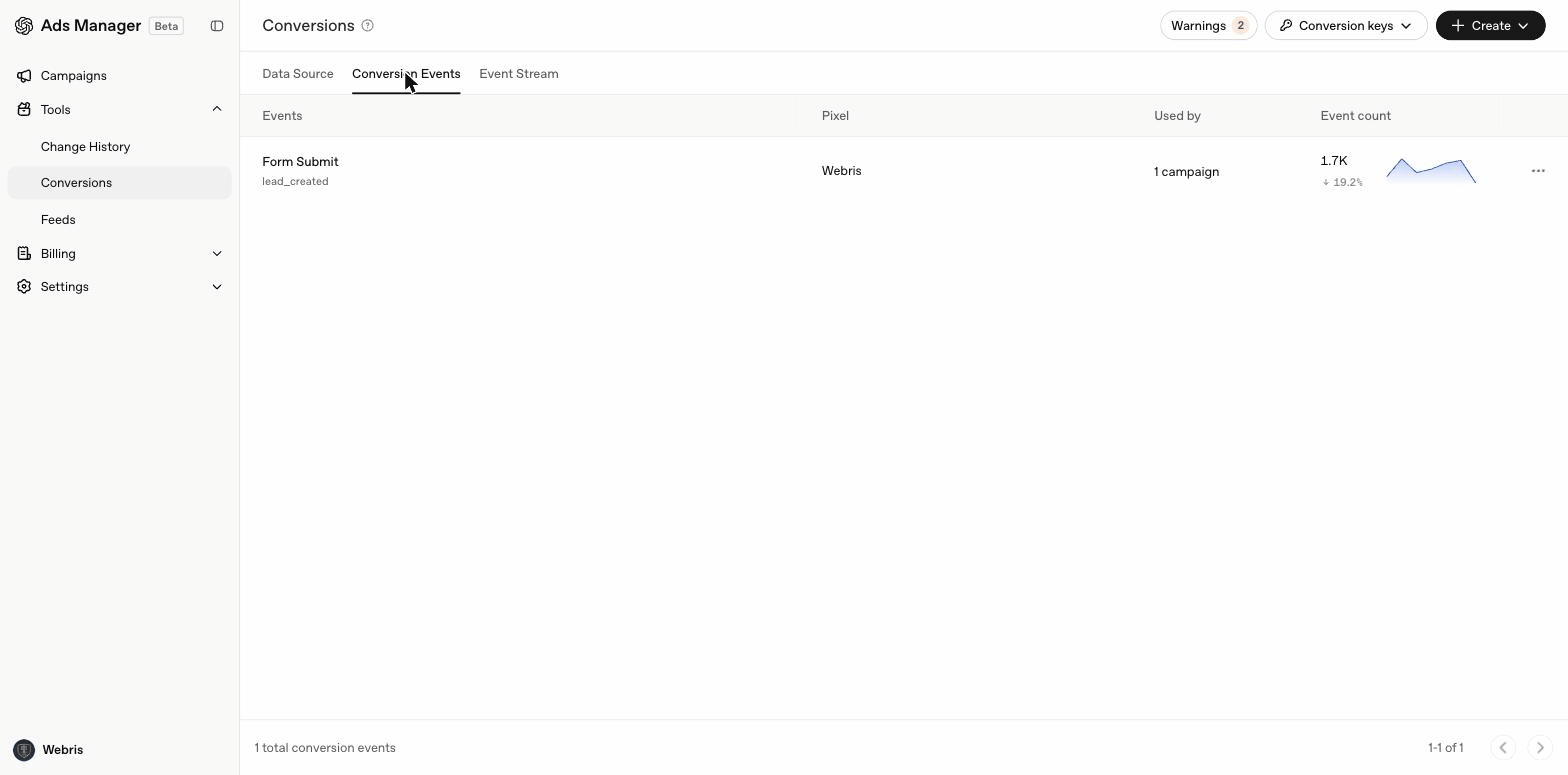 ChatGPT Ads Manager — Conversion Events tab showing configured events like Form Submit with tracking status