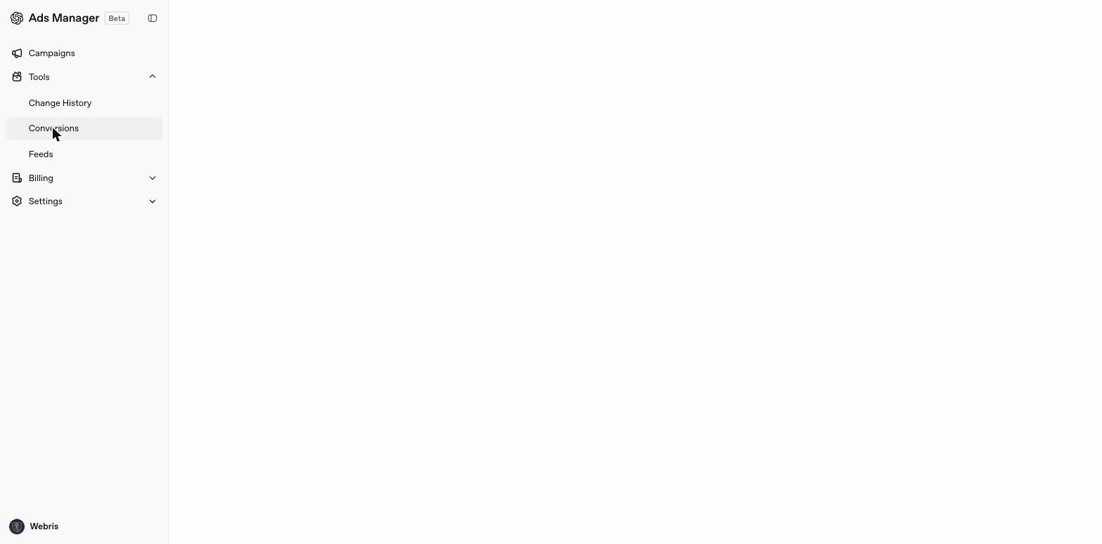 ChatGPT Ads Manager — Conversions page showing Data Source tab with tracking pixel setup