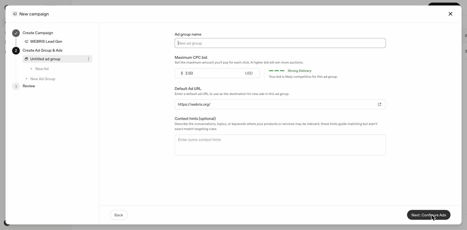 ChatGPT Ads Manager — Create Ad Group form showing context hints field for conversational targeting