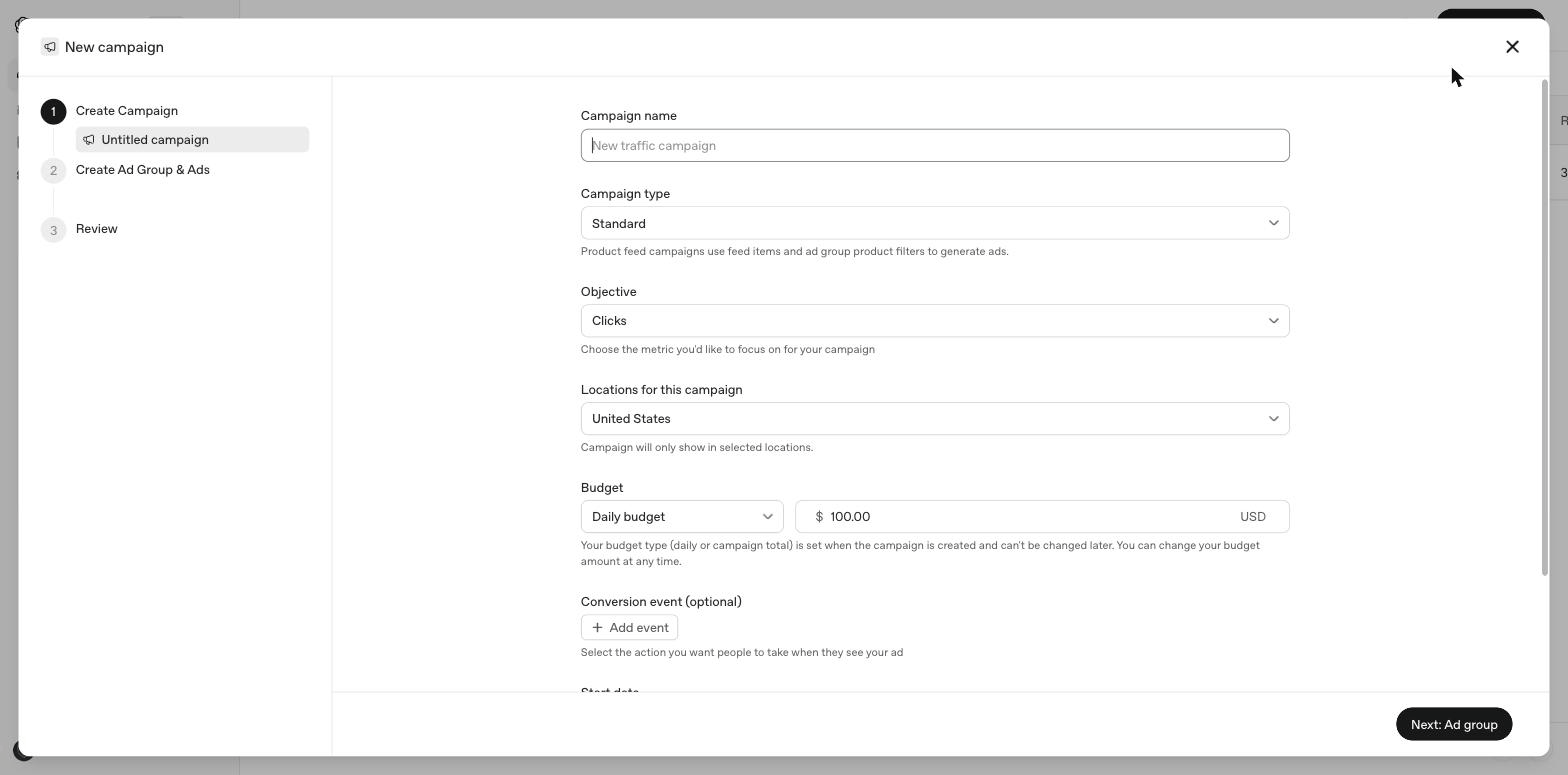 ChatGPT Ads Manager — Create Campaign form showing objective selection, name, and budget fields
